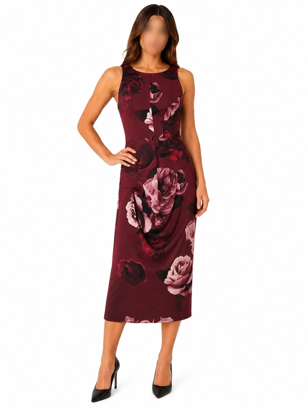 le chateau Sleeveless Floral Midi Dress in Burgundy and Blush